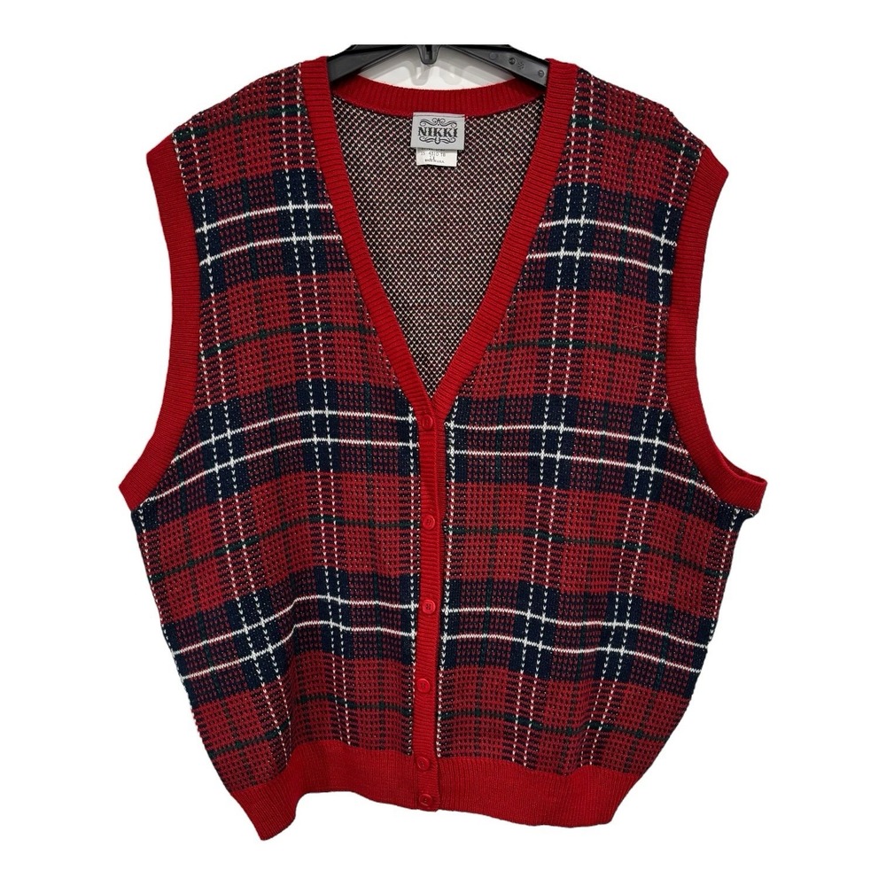 Vintage‎ Nikki Sweater Vest Womens 1x Red Blue Plaid Button Front USA FLAW READ